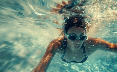 Fototapeta premium woman in goggles swims in swimming pool underwater, sport workout
