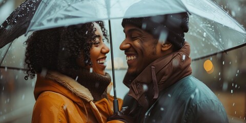 A couple laughing under an umbrella, a close-up that showcases their ability to find joy and happiness together , concept of Embracing bliss
