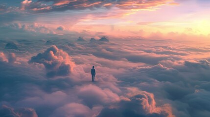 As the sun sets on the horizon, a lone figure stands atop the fluffy clouds, embracing the ever-changing beauty of nature's canvas in the sky