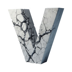 Letter V. Cracked apocalyptic letter. 3D concrete old cracked alphabet forming the letter V. Stone letter. Rock letter. Ancient ruins alphabet set. Isolated transparent PNG background. Pen tool cutout