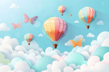 Floating gracefully amidst the clouds, a vibrant hot air balloon drifts alongside a kaleidoscope of butterflies, transporting us to a dreamy world above
