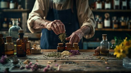 The hands of a perfumer creating a fragrance in an old shop