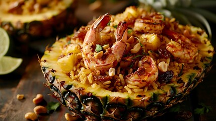 Thai pineapple fried rice with shrimp, cashews, raisins, and curry powder, served in a carved-out pineapple bowl - obrazy, fototapety, plakaty