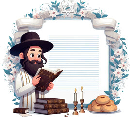 A Jew reads a prayer. Two candles and a white field for an inscription. Postcard, post, for the holiday of Shavuot.