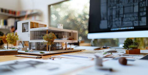 Workplace in architecture design bureau for designing new real estate. Eco-house miniature project and modern desktop computer in company office. Architecture indusrty, technology concept image. - obrazy, fototapety, plakaty