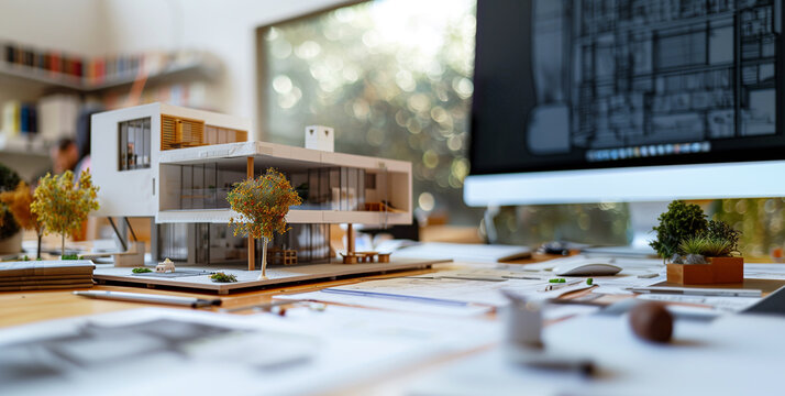Workplace in architecture design bureau for designing new real estate. Eco-house miniature project and modern desktop computer in company office. Architecture indusrty, technology concept image.