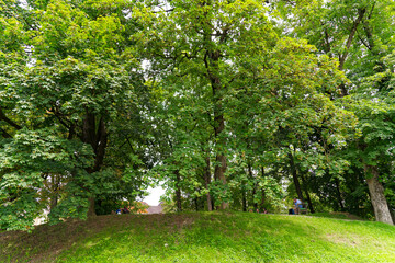 Castle hill of Ljubljana with people relaxing on benches surrounded by green trees on a cloudy...