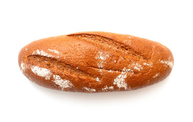 Whole brown cereal bread with flour isolated on white, top view