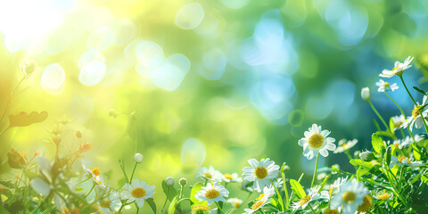 A spring morning forest landscape with flowers in the sun, soft selective focus in the foreground. 