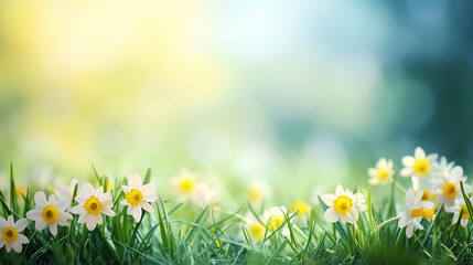 Spring. A green juicy field with spring daffodils and a blurred background, a banner.