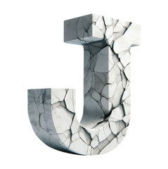 Letter J. Cracked apocalyptic letter. 3D concrete old cracked alphabet forming the letter J. Stone letter. Rock letter. Ancient ruins alphabet set. Isolated transparent PNG background. Pen tool cutout