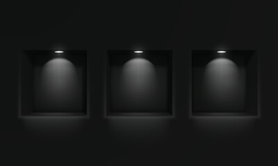 Three empty niches or shelves on a black wall with ice lamp lighting. Showcase, empty shelf for your product. - obrazy, fototapety, plakaty