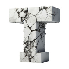 Letter T. Cracked apocalyptic letter. 3D concrete old cracked alphabet forming the letter T. Stone letter. Rock letter. Ancient ruins alphabet set. Isolated transparent PNG background. Pen tool cutout