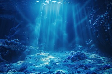 Underwater seascape with sunbeams illuminating ocean depths showcasing serene beauty of marine life...