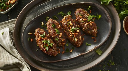 Lebanese kibbeh lamb and bulgur wheat meatballs stuffed with spiced meat and pine nuts