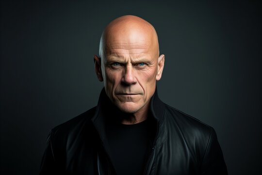 Portrait of a senior man in a black leather jacket on a dark background.
