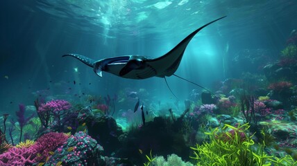 Oceanic Manta Ray Dance - A stunning display of a manta ray's dance in the ocean depths, surrounded by the rich tapestry of marine biodiversity.