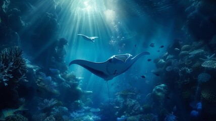 Manta Ray's Sunlit Journey - A manta ray journeys through the sunlit waters of a coral-rich sea, a serene testament to the beauty of the underwater realm.