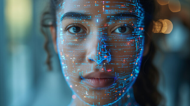 Detailed facial recognition scan on a woman's face, with digital biometric data and futuristic blue coding overlay. Digital Face Mapping Technology Concept