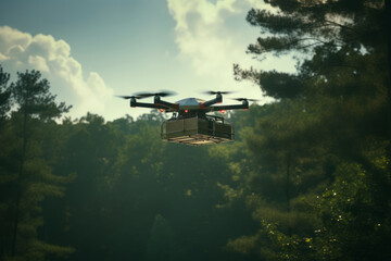 Fototapeta premium The drone transports the box, air delivery