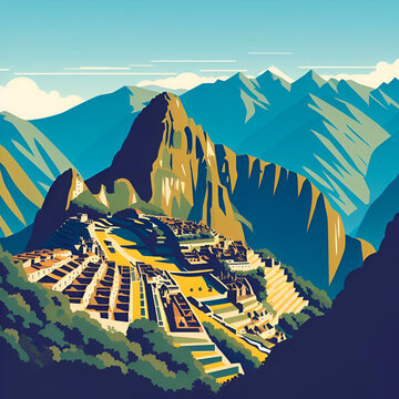 Machu Picchu, Peru. Flat vector skyline illustration. Aerial view. Mountain landscape. Seven wonders of the World.