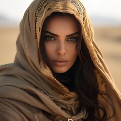 Radiant Desert Beauty: Stunning Arabian Woman in Brown Hijab