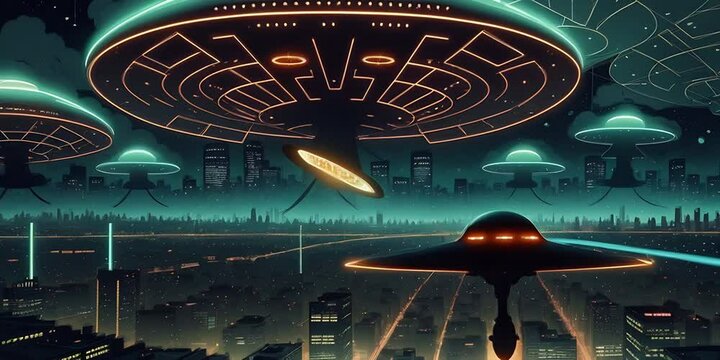 UFO over the night city. Horizontal video of an alien invasion into a sleeping metropolis. Unknown flying object. UFO in the night sky. Flying space saucer. History for a computer game.