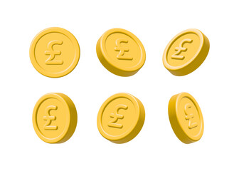 3d gold coins icons set with British pound sterling symbol isolated on white background. Currency exchange, business financial investment. Rendering cartoon illustration.