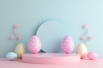 Pastel Easter eggs and heart-shaped branches on a staged platform