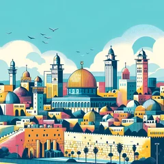 Poster Jerusalem city skyline flat vector illustration. Holy religious site in the background . Cityscape concept © abvbakarrr