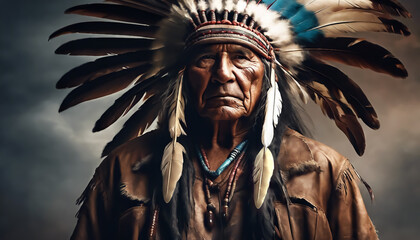Obraz premium Portrait of an old Indian man. An Indian wearing war paint on a smoky grunge background. AI generated