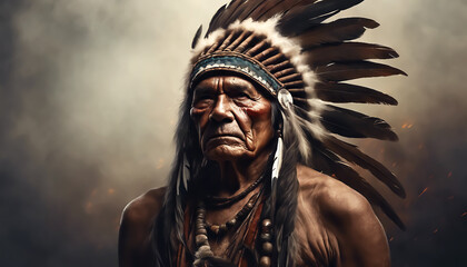 Obraz premium Portrait of an elderly Indian. Indian in war paint on a smoky grunge background. Copy space. AI generated