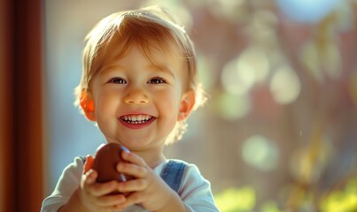 Happy baby with cute smile looking delighted, kid holding a delicious chocolate easter egg in his or her hands, eyes sparkling with pleasure and excitement, greedy boy or girl with a garden view - obrazy, fototapety, plakaty