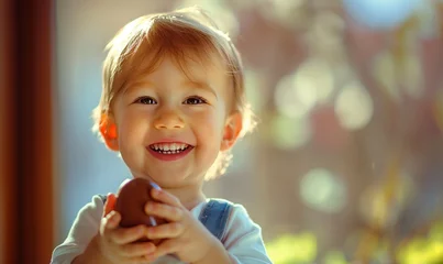 Fotobehang Happy baby with cute smile looking delighted, kid holding a delicious chocolate easter egg in his or her hands, eyes sparkling with pleasure and excitement, greedy boy or girl with a garden view © Muriel