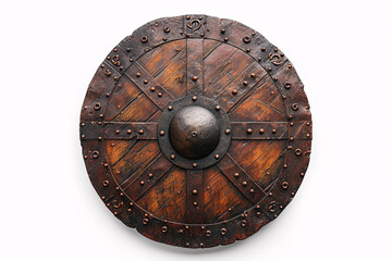 Antique wooden shield with metal accents on white