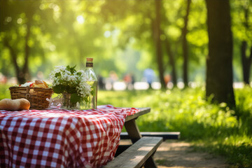 picnic in the park with a basket of bread and a bottle of wine on a red checkered tablecloth