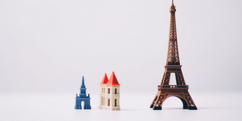 3D Eiffel Tower and buildings, blue, brown, red and white colors