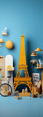 3D illustration of a blue room with a yellow Eiffel Tower, bicycle, and other objects
