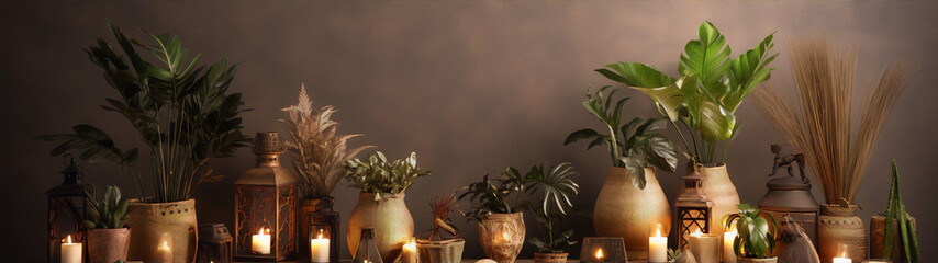 Still life with green plants in wicker pots and burning candles on brown background