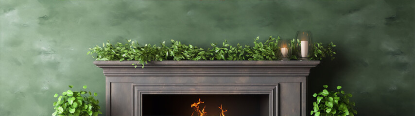 Green mantelpiece with a lit candle and plants