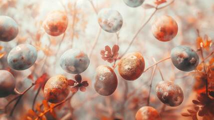 Autumn-hued Easter eggs nestled among delicate flowers with a soft, dreamy background