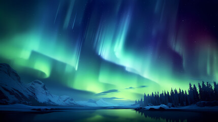 Northern lights over snowy mountains, coast, reflection in water at night