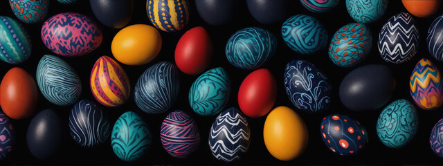 Fototapeta na wymiar Black background with colorful Easter eggs