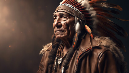 Portrait of an elderly Indian. Indian in war paint on a smoky grunge background. Close-up. AI generated