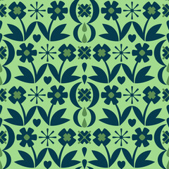 Vector seamless pattern with stylized geometric flowers in black and green colors - 738749506