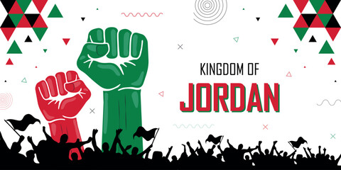 People cheer for Jordan, national flag color combination patriot banner, geometric abstract background, raised fist, human hand, national celebration, strike, parade, riot, protest or rally
