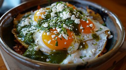 Mexican chilaquiles topped with fried eggs, salsa verde, queso fresco, and crema - obrazy, fototapety, plakaty