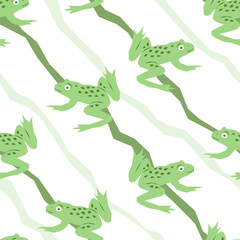 Vector seamless pattern with jumping frogs on a white striped background - 738749953