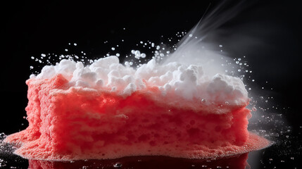 foam Soapy Explosion with Refreshing Bubbles Bursting Red and white sponge for washing on a black Cleaning and house washing concept. background. 