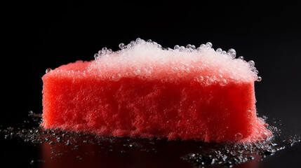 foam Soapy Explosion with Refreshing Bubbles Bursting Red and white sponge for washing on a black Cleaning and house washing concept. background. 